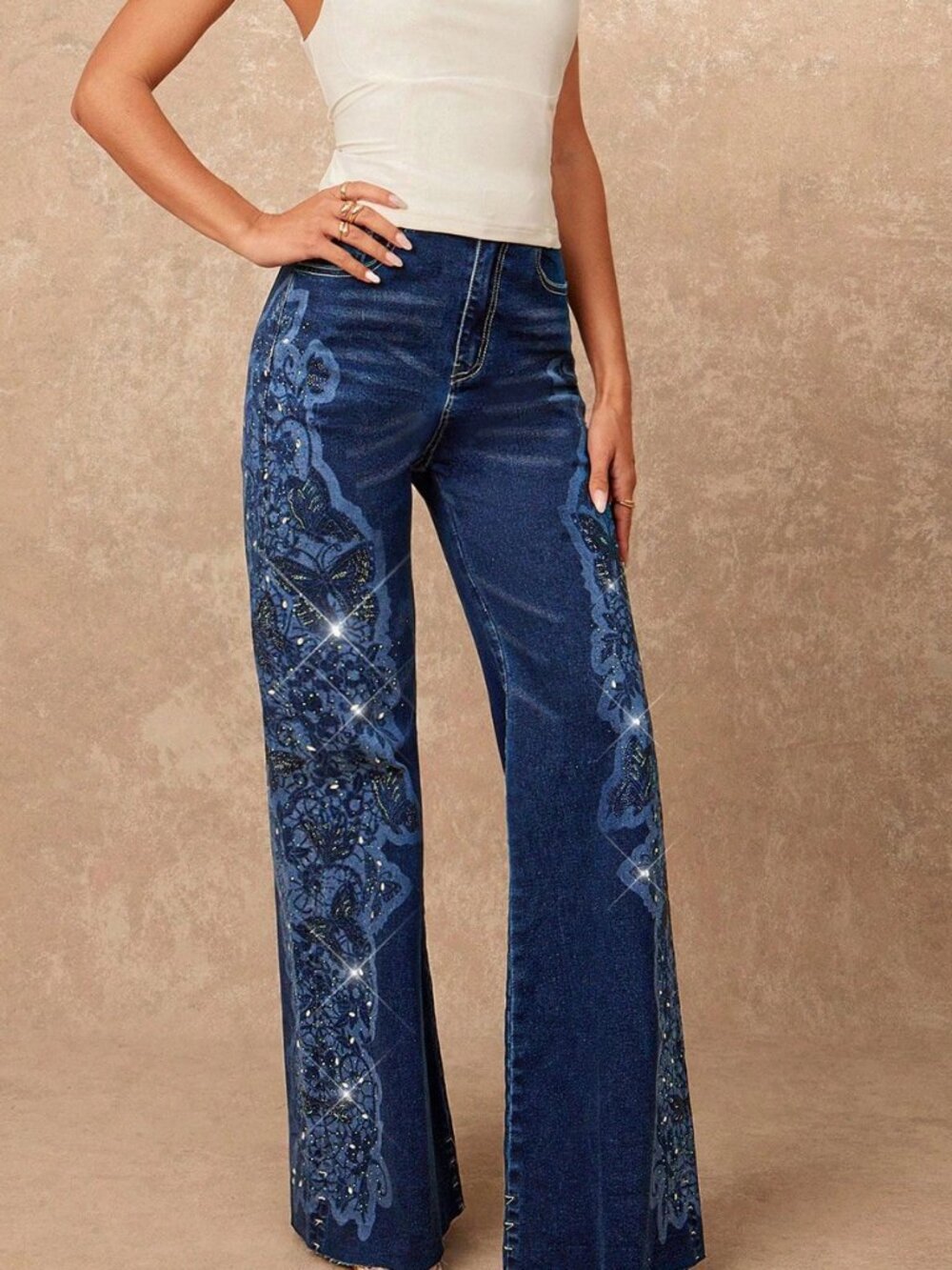 Blue Elegant Women's Natural Mid-Waist Flare Leg Cotton Denim Jeans